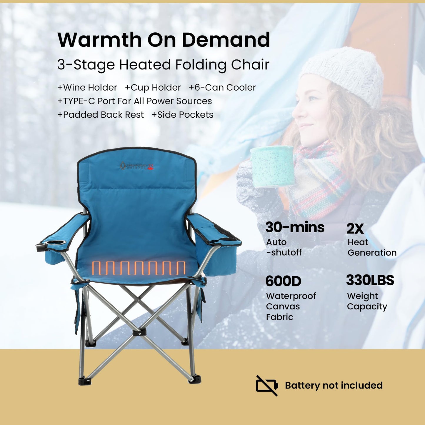 ARROWHEAD OUTDOOR 2-Pack Heated Folding Camping Chair with Cooler, 3 Heat Settings, Cup & Wine Glass Holder, Carrying Bag, Battery NOT Included, Supports up to 330lbs