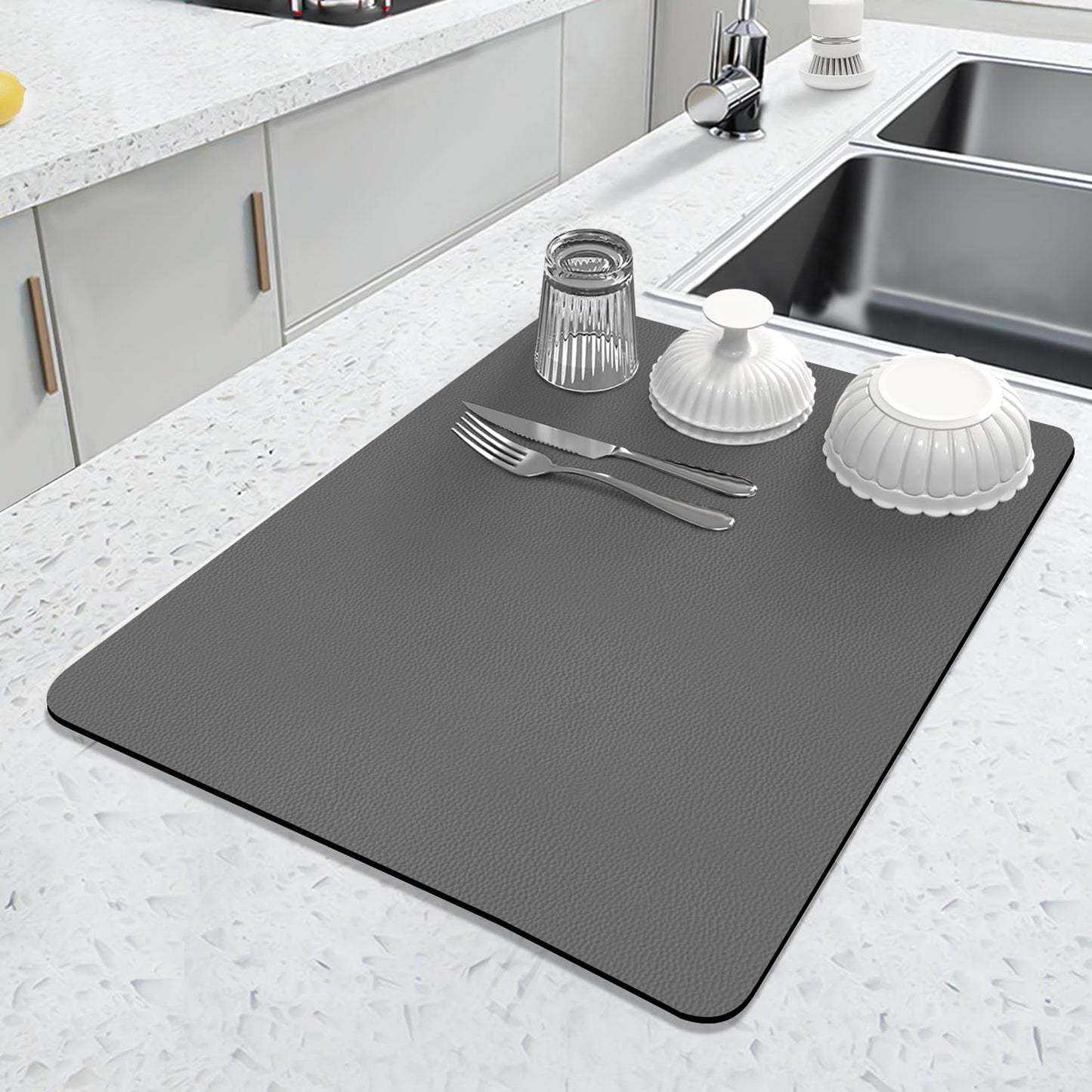 LOPNUR Kitchen Dish Drying Mat - Super Absorbent Diatomite Pad | Heat Resistant & Anti-Slip | 18"x16" Grey