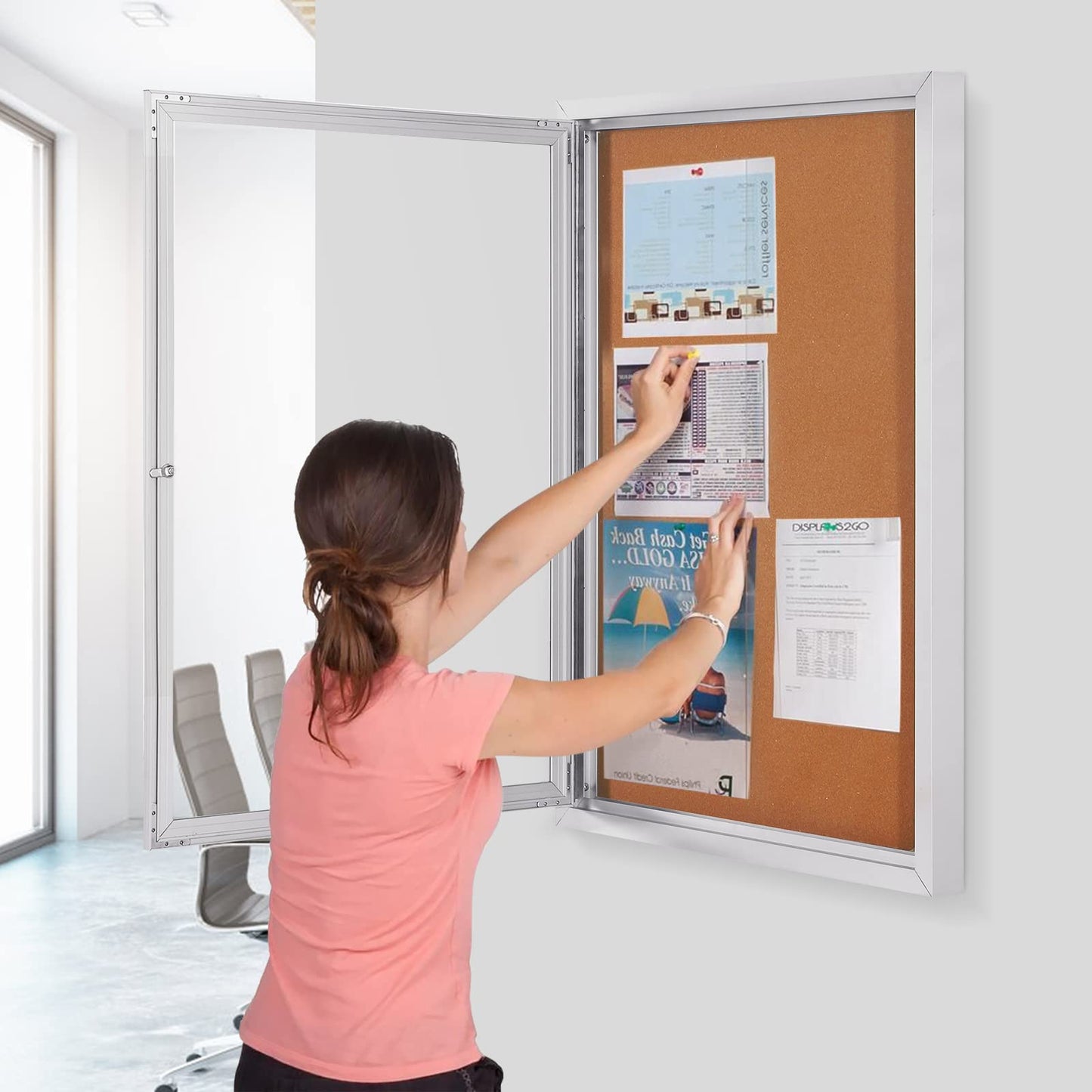 SWANCROWN Enclosed Cork Bulletin Board, Outdoor Bulletin Board Weatherproof with Acrylic Door and Keys, Wall-Mounted Notice Case, 28x20 Inches