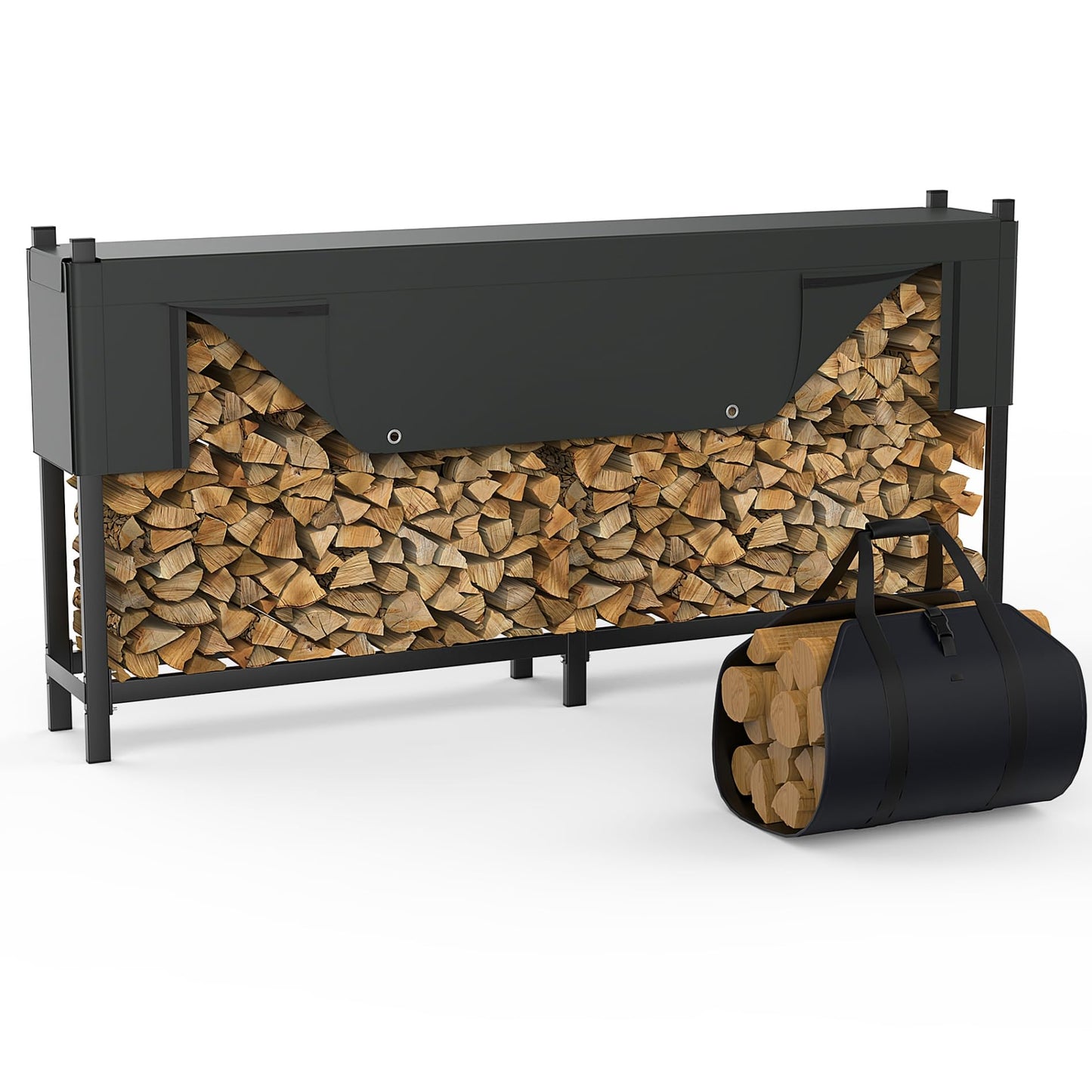 WALMANN Heavy-Duty 8 ft Firewood Rack with Waterproof Cover & Firewood Carry Bag, Outdoor Indoor Wood Log Holder for Fireplace, Patio & Porch, Sturdy Steel Fire Wood Storage Stand