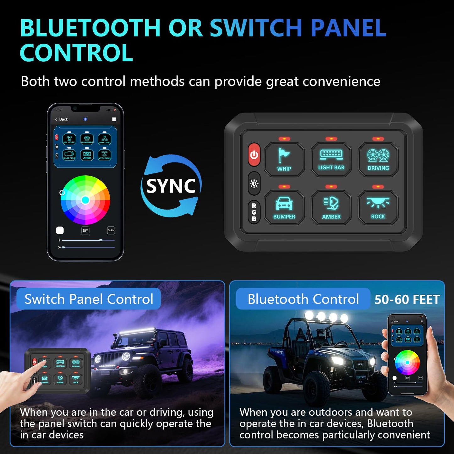 Chelhead 6 Gang Bluetooth Switch Panel Boat Switch Panel with Circuit Breaker IP 65 Waterproof Constant Momentary Flash Strobe Compatible with RV Truck UTV SUV ATV Bus Boat Jeep