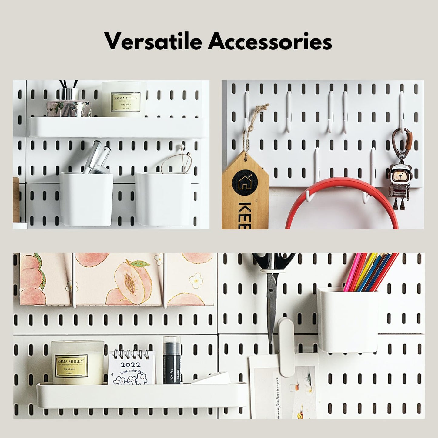 Keepo Pegboard Combination Kit, Pegboards and Accessories Modular Hanging for Wall Organizer, Crafts Organization, Ornaments Display, Nursery Storage, Peg Board (White, 22″×22″)