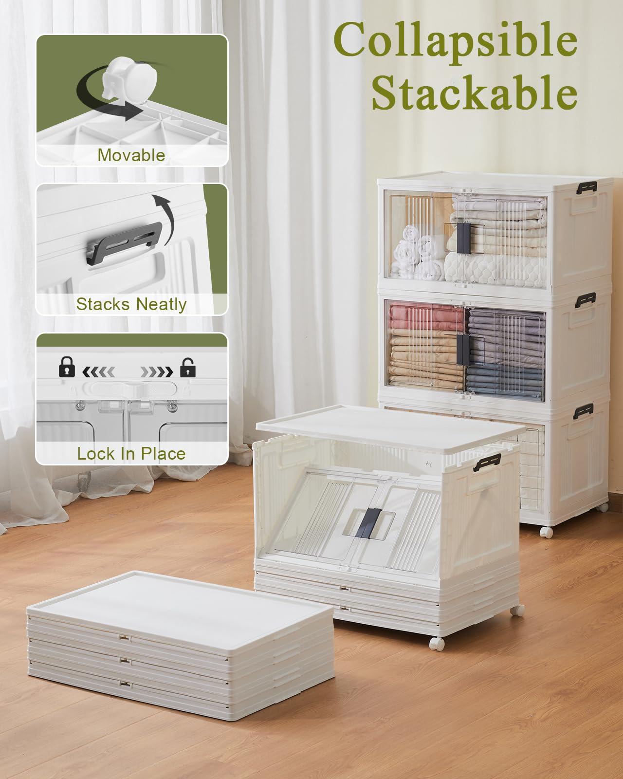 OlarHike 76QT Lockable Storage Bins with Lids - Folding Storage box with Doors and Wheels, Collapsible Plastic Bins for Closets, Office, Stackable Organizer and Containers, Gifts, 3 Pack Cubes