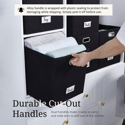 DECOMOMO Black Storage Bins - 11-Inch Cube Felt Baskets with Labels | Set of 6 for Organizing