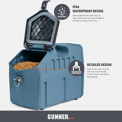 GUNNER 50 lbs Dog Food Storage Container with Measuring Scoop – Waterproof & Airtight Pet Food Bin for Dry Food, Corn, Chicken Feed, Bird Seed & Treats – 3 Cup Ergonomic Scooper with Markers - Blue