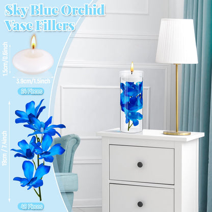 Hanaive 42 Pcs Blue Orchids Artificial Flower Vase Fillers for Floating Candles Wedding Table Centerpiece Blue Orchid and Unscented Floating Candles for Wedding Table Christmas Party Home Decoration