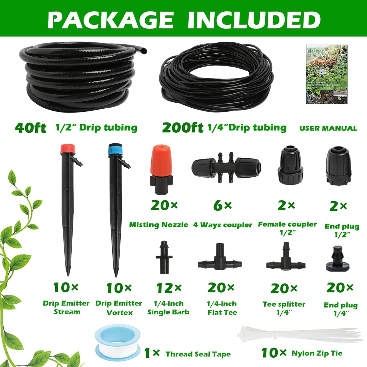 Maotong 240FT Drip Irrigation System Kit - Automatic Garden Watering for Greenhouse & Lawn | 1/2" Hose & 1/4" Tubing