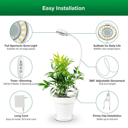 SANSI Grow Lights for Indoor Plants, Pot Clip LED Plant Light for Growing Full Spectrum, Plant Growing Lamp with 4-Level Dimmable, Auto On Off 3 6 12 Hrs Timer for Pot Plants, White 10W 2-Pack