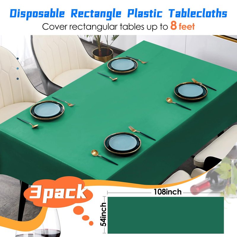 YSYJ 3 Pack Dark Green Plastic Tablecloth Disposable Rectangular Table Cloth 54 x 108 Inch Table Cover for Parties
