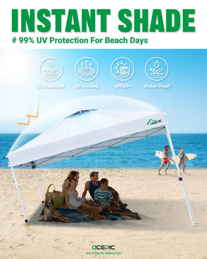 Acepic 10x10 Pop Up Canopy Tent, One Push Instant Outdoor Gazebo with Vented Top, Upgraded 300D Silver Coated Sun Shade for Parties Camping Vendor, Includes Wheeled Bag and 4 Sandbags, White