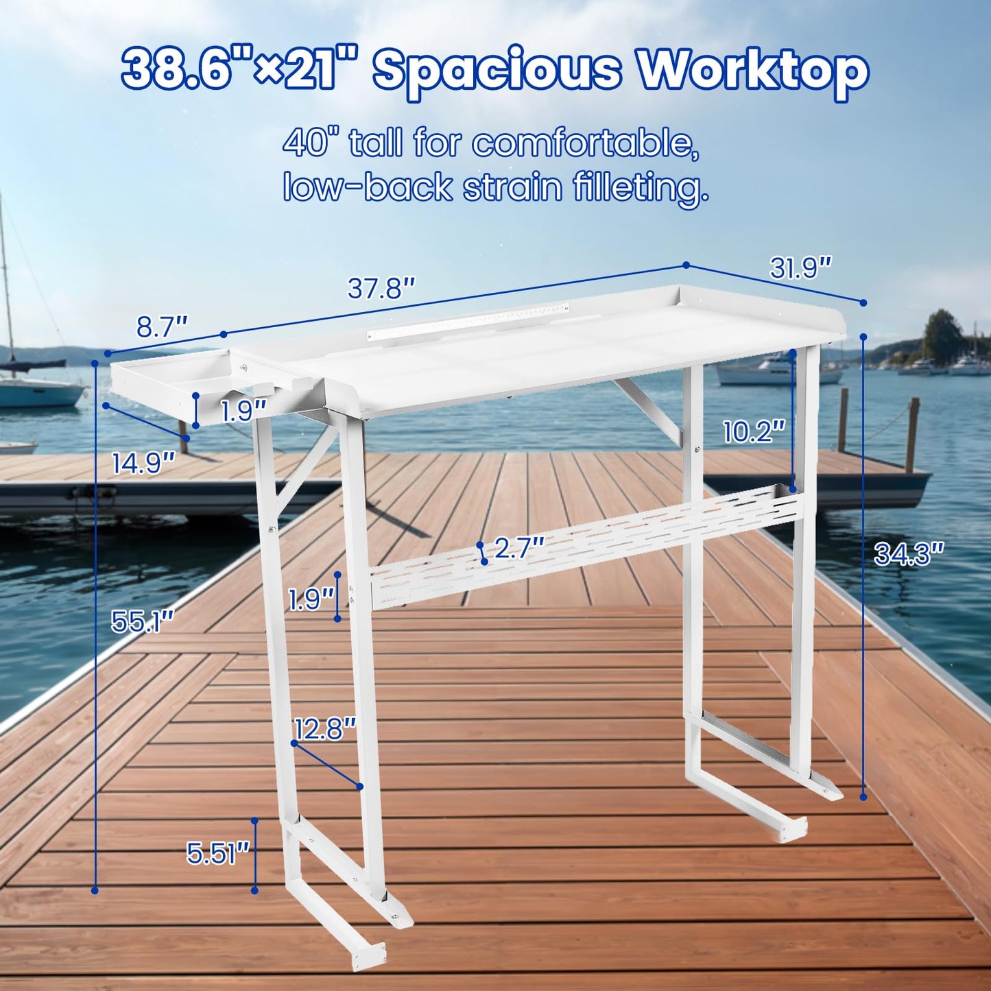 Professional Dock Mounted Fish Fillet Table, 38.6" Large HDPE Cleaning Station with Heavy Duty Steel Frame, Tool Trays & Integrated Drainage for Docks & Marinas (40" Tall Ergonomic Design)