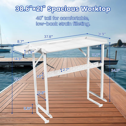 Professional Dock Mounted Fish Fillet Table, 38.6" Large HDPE Cleaning Station with Heavy Duty Steel Frame, Tool Trays & Integrated Drainage for Docks & Marinas (40" Tall Ergonomic Design)