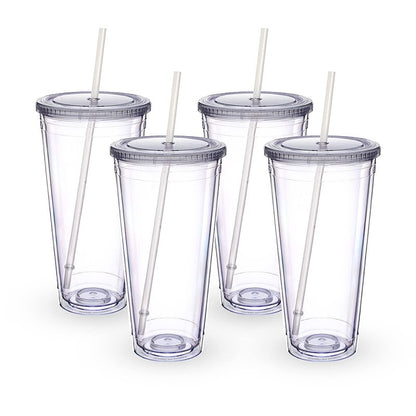 Luxfuel 32 oz Acrylic Tumblers with Lid & Straws, Double-Walled Insulated Clear Plastic Drink Cup, BPA-Free, Reusable Iced Coffee Cups for Parties, Birthdays, Graduation, Fits Car Cup Holders - 4 Pack