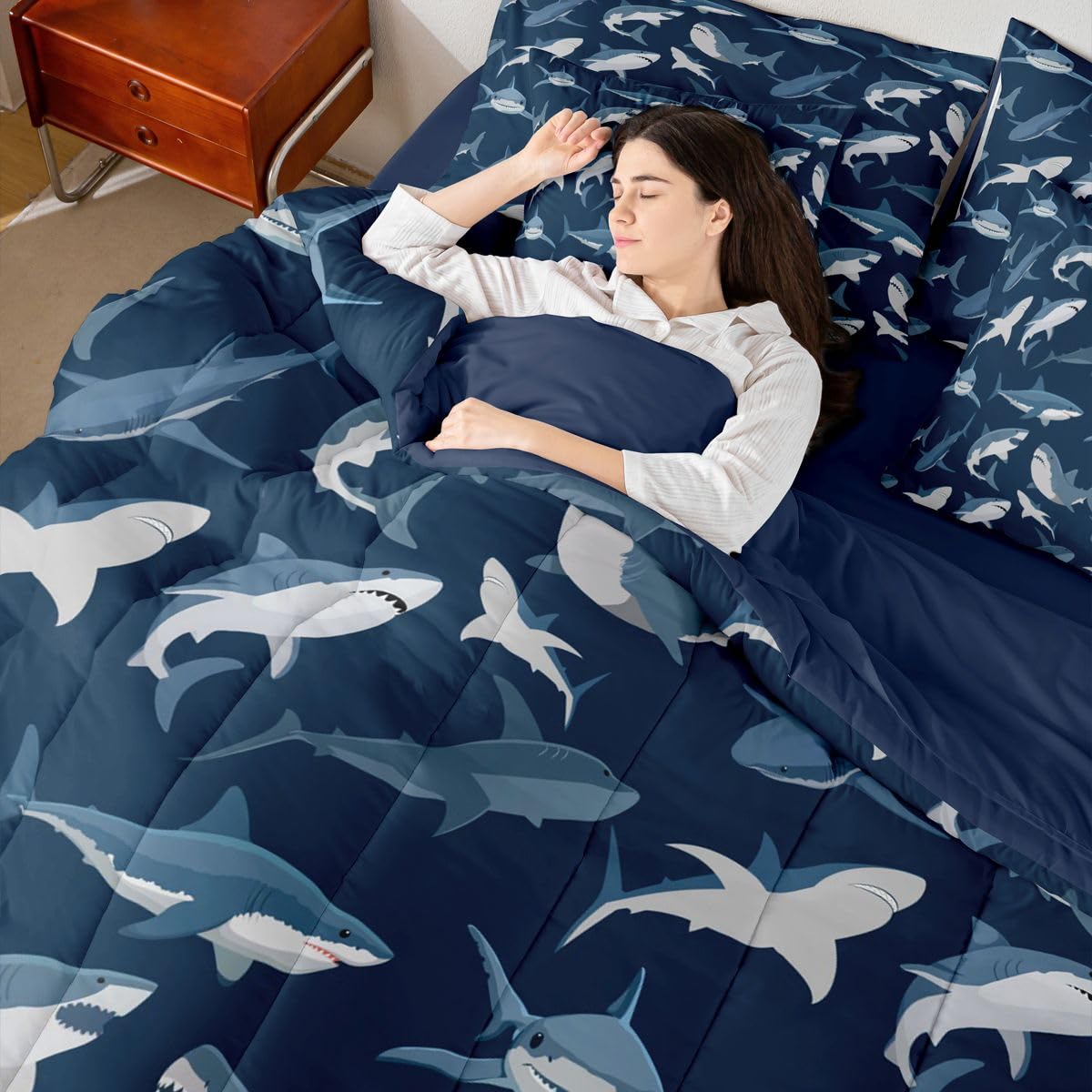 Erosebridal 10 Pieces - Boys Shark Ocean Themed 2 Comforters + 4 Pillow Cases + 1 Fitted Sheet + 1 Flat Sheet + 2 Pillow Shams