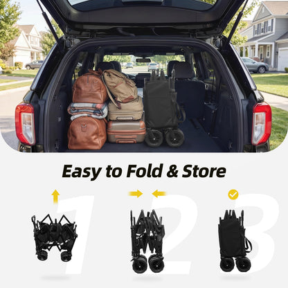 EchoSmile Collapsible Folding Wagon Cart with Compact Storage - 400Lbs Capacity All Terrain Utility Cart for Camping, Beach, Grocery, Garden,Black