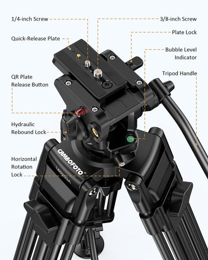 CAMBOFOTO 74" Video-Tripod-with-Fluild-Head, Professional Aluminum Heavy Duty Film Tripod Stand for Canon Nikon DSLR/SLR Camera Camcorder Telescope Bnoculars (Weight 9.1 lbs, Max Load 20 lbs)