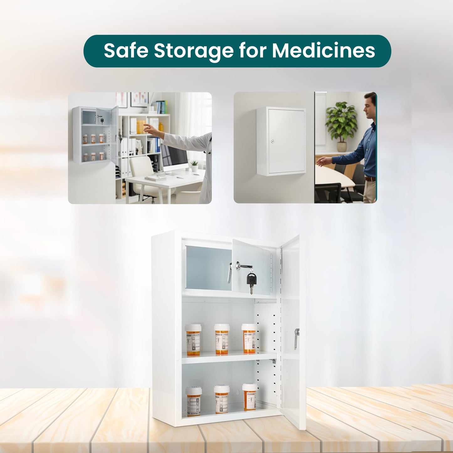 Wall Mounted Locking Medicine Cabinet - Metal Medicine Cabinet with Lock, Double Security Door for Safe Medicine Storage, Adjustable Shelf, White, 12" W x 18" H x 6" D