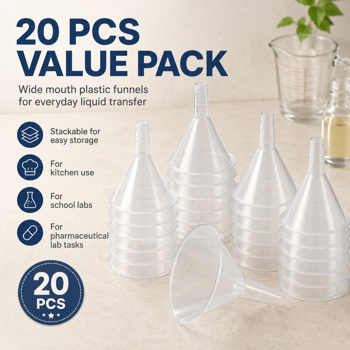 RHBLME 20 PCS Plastic Funnels Set, 4.7 Inch Wide Mouth Clear Plastic Funnels for Filling Bottles, Multipurpose Large Funnel with Long Reaching Spout, Water Bottle Funnel for Powder Liquid Spices