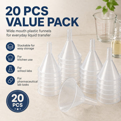 RHBLME 20 PCS Plastic Funnels Set, 4.7 Inch Wide Mouth Clear Plastic Funnels for Filling Bottles, Multipurpose Large Funnel with Long Reaching Spout, Water Bottle Funnel for Powder Liquid Spices