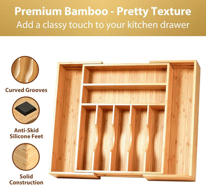 Umilife Bamboo Wood Silverware Organizer - Large Expandable Utensils Drawer Divider, 2.5" Adjustable Height