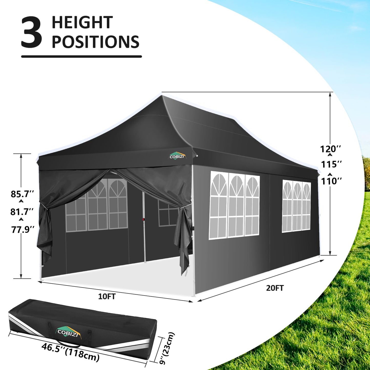 COBIZI 10x20 Pop Up Canopy with 6 Sidewalls, Conical Party Tent 10x20 with 3 Adjustable Height Waterproof, UV-Resistant with Carry Bag, Sandbag, Stake, Ropes for Parties, Commercial (Frame Upgraded)