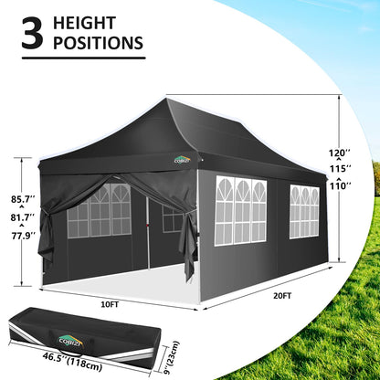 COBIZI 10x20 Pop Up Canopy with 6 Sidewalls, Conical Party Tent 10x20 with 3 Adjustable Height Waterproof, UV-Resistant with Carry Bag, Sandbag, Stake, Ropes for Parties, Commercial (Frame Upgraded)