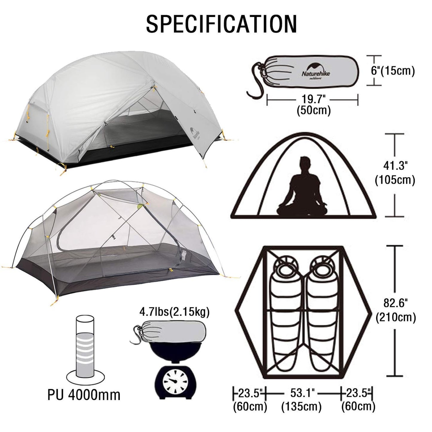 Naturehike Mongar 2-Person 3-Season Backpacking Tent Lightweight Waterproof Double Layer Easy Setup Camping Hiking Tent with Footprint