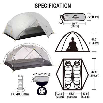 Naturehike Mongar 2-Person 3-Season Backpacking Tent Lightweight Waterproof Double Layer Easy Setup Camping Hiking Tent with Footprint