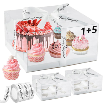 LLOERE 3 Pack Bento Cake and Cupcakes Box with Gift Ribbon, Clear Window 1+5 Combination Bento Boxes, 6 Holes Fit 5 Cupcake Containers and 1 Mini Cake(4-5in) for Birthday Party Baking Supplies