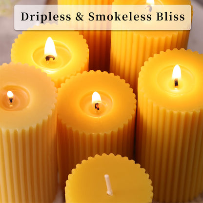 3 Pack Pure Beeswax Pillar Candles Bulk, Organic Ribbed Bees Wax Decorative Candles for Home Decor-1.96x3.85 Inch, Unscented Long Burning Natural Bees Wax Pillar Bulk Aesthetic Candles-105 Hours