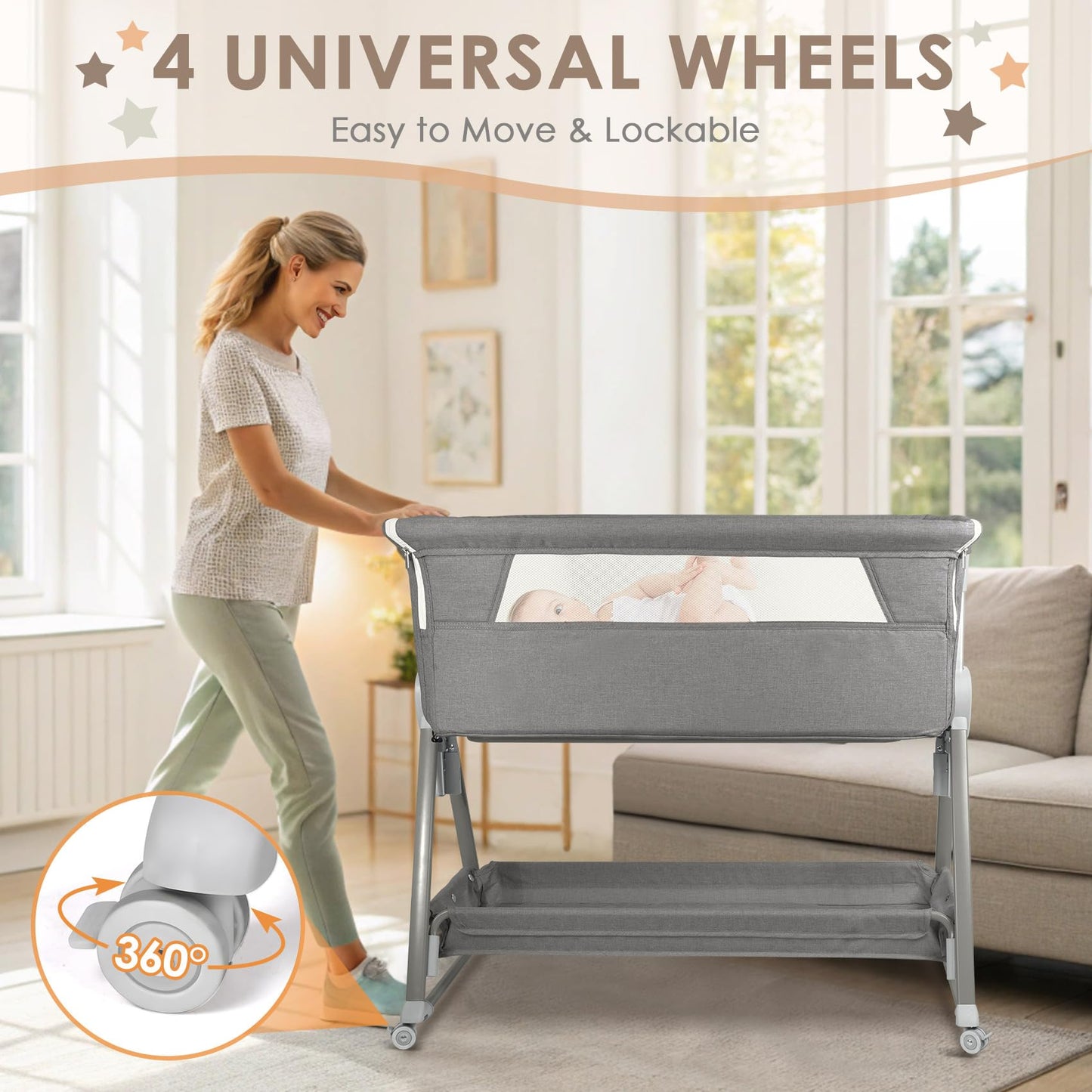 BIERUM Baby Bassinet for Baby - 7 Height Adjustable Bedside Bassinet with Lockable Wheels, Easy to Assemble Portable Bedside Crib with Large Storage Bag & Mattress for Newborn/Infant
