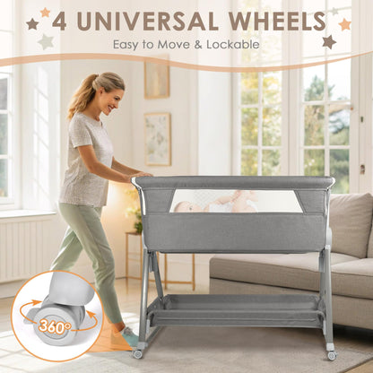 BIERUM Baby Bassinet for Baby - 7 Height Adjustable Bedside Bassinet with Lockable Wheels, Easy to Assemble Portable Bedside Crib with Large Storage Bag & Mattress for Newborn/Infant
