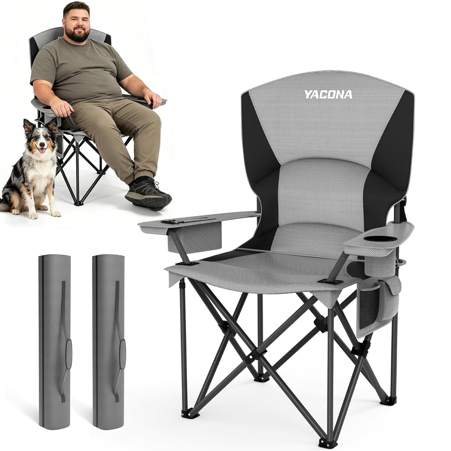 Oversized Camping Chairs 2 Pack - 500lbs Support Folding Camping Chair for Adults w/Padded Back & Arm Sport Chairs, Cup Holder Cooler Bag, Heavy Duty Portable Lawn Chairs for Sports Garden Beach