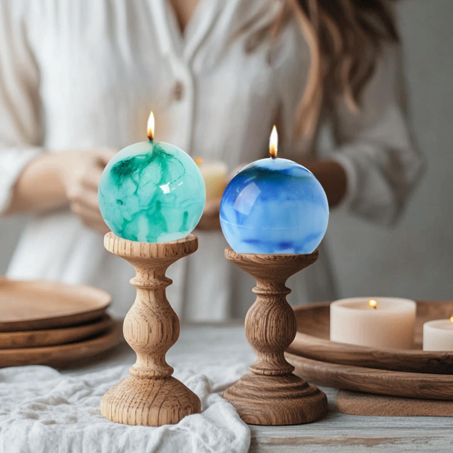 MAITREYA Tie dye Rustic Round Pillar Candles-Unscented Decoration Candles Set of 3-Clean Burning Drisspless Dinner Candles of Home Decor Party(Teal)