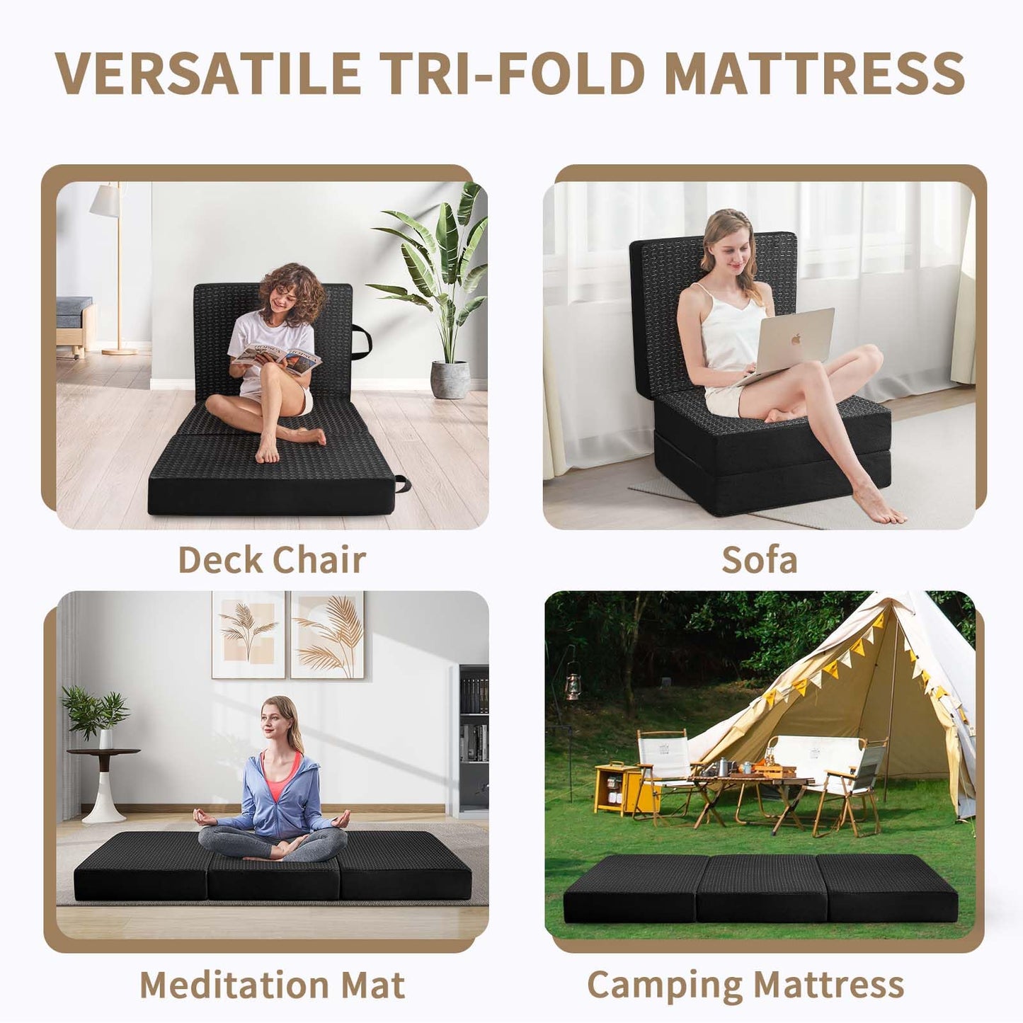 CYMULA Folding Mattress Single Size,6 inch Memory Foam Tri-Fold Single Floor Mattress Topper with Breathable & Washable Cover,Thick Foldable Mat for Camping,Naps and Guests，Black(25"×75"×6")
