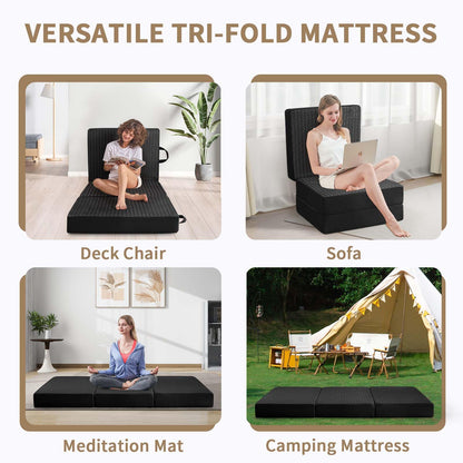 CYMULA Folding Mattress Single Size,6 inch Memory Foam Tri-Fold Single Floor Mattress Topper with Breathable & Washable Cover,Thick Foldable Mat for Camping,Naps and Guests，Black(25"×75"×6")