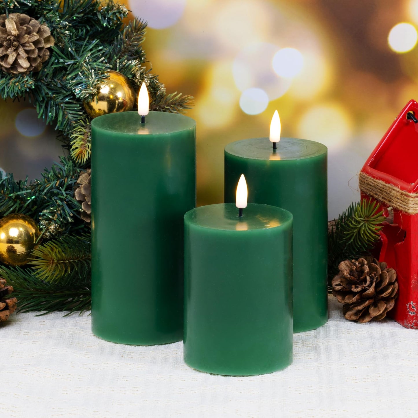 Eywamage Green Flameless Pillar Candles with Remote, Flickering Battery Operated LED Wax Candles Set of 3