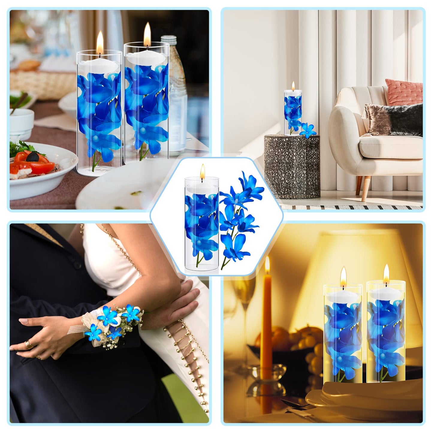 Hanaive 42 Pcs Blue Orchids Artificial Flower Vase Fillers for Floating Candles Wedding Table Centerpiece Blue Orchid and Unscented Floating Candles for Wedding Table Christmas Party Home Decoration