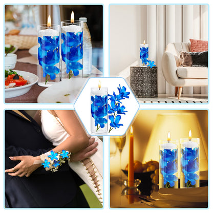 Hanaive 42 Pcs Blue Orchids Artificial Flower Vase Fillers for Floating Candles Wedding Table Centerpiece Blue Orchid and Unscented Floating Candles for Wedding Table Christmas Party Home Decoration