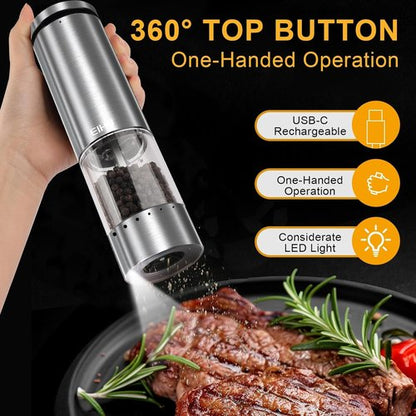 EIHO Electric Salt and Pepper Grinder Set - USB Rechargeable, Adjustable Coarseness, Stainless Steel Mills with LED Light