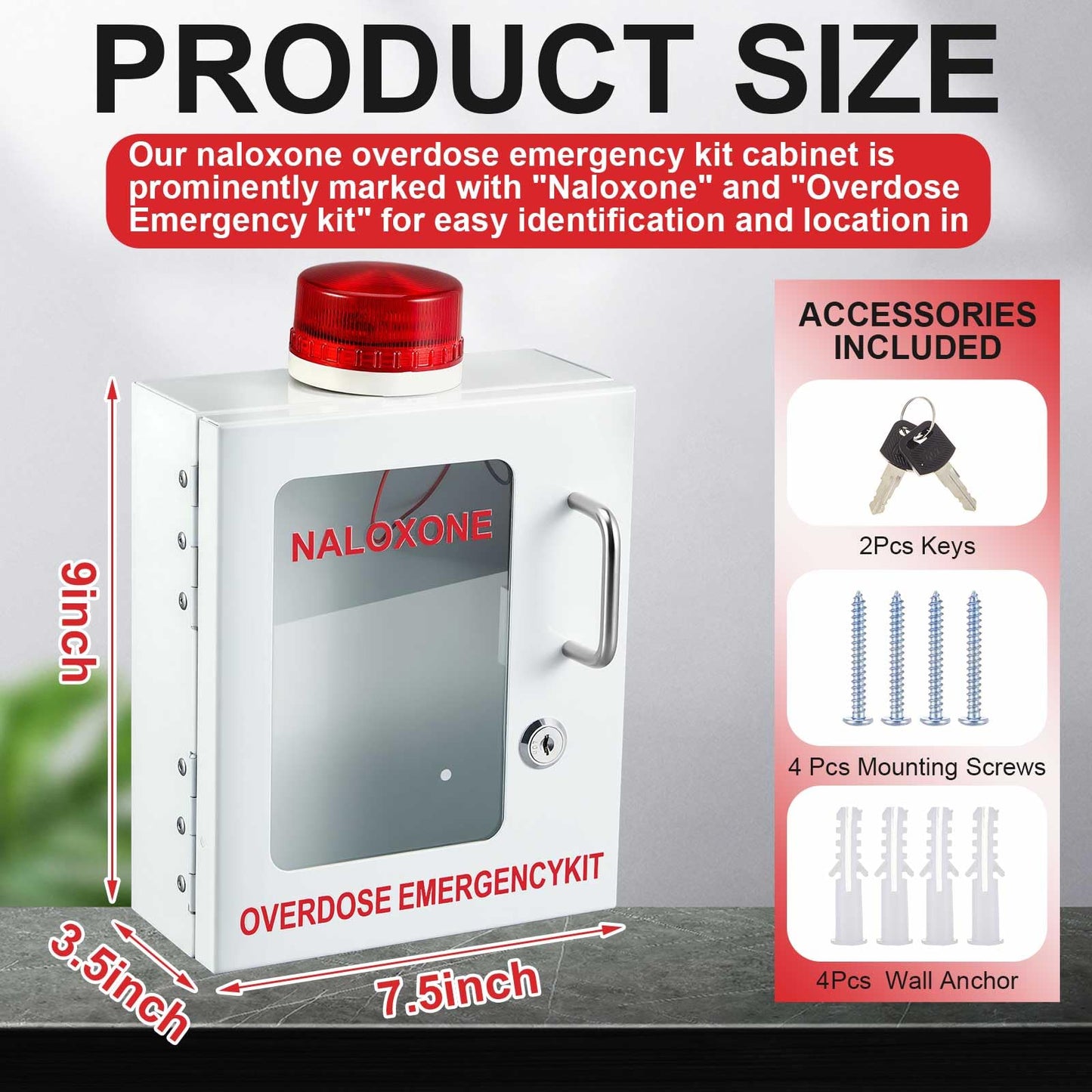 Zonon Naloxone Overdose Emergency Kit Cabinet with Alarm and Locking System 7.5 L x 3.5 W x 9 H First Aid Cabinet Wall Mount Metal Medical Box for Public Space Storage, White