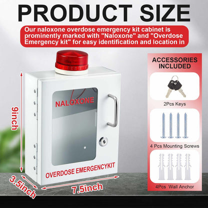 Zonon Naloxone Overdose Emergency Kit Cabinet with Alarm and Locking System 7.5 L x 3.5 W x 9 H First Aid Cabinet Wall Mount Metal Medical Box for Public Space Storage, White