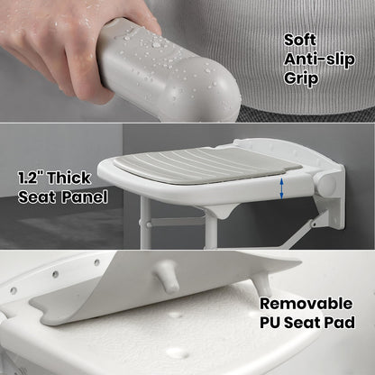 Caredear Folding Shower Seat with Adjustable PU Grab Bar, 550lbs Heavy Duty Fold Down Bath Bench with Legs, Non-Slip Comfort Grip and Removable Cushion, Wall Mounted Chairs for Seniors