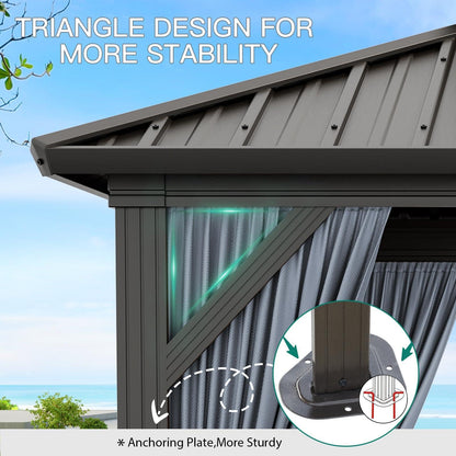 10x10 ft Double Roof Hardtop Gazebo, Heavy Duty Galvanized Steel Pavilion with Netting and Curtains, Metal Roof Patio Gazebo for Terrace, Lawn, and Deck, Gray
