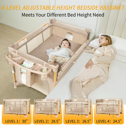 Baby Bassinet Bedside Crib for Travel with One-Hand Setup 5-in-1 Foldable Baby Playpen, Portable Pack and Play with Bassinet,Diaper Changer & Adjustable Mattress for Newborn to Toddler (Khaki)