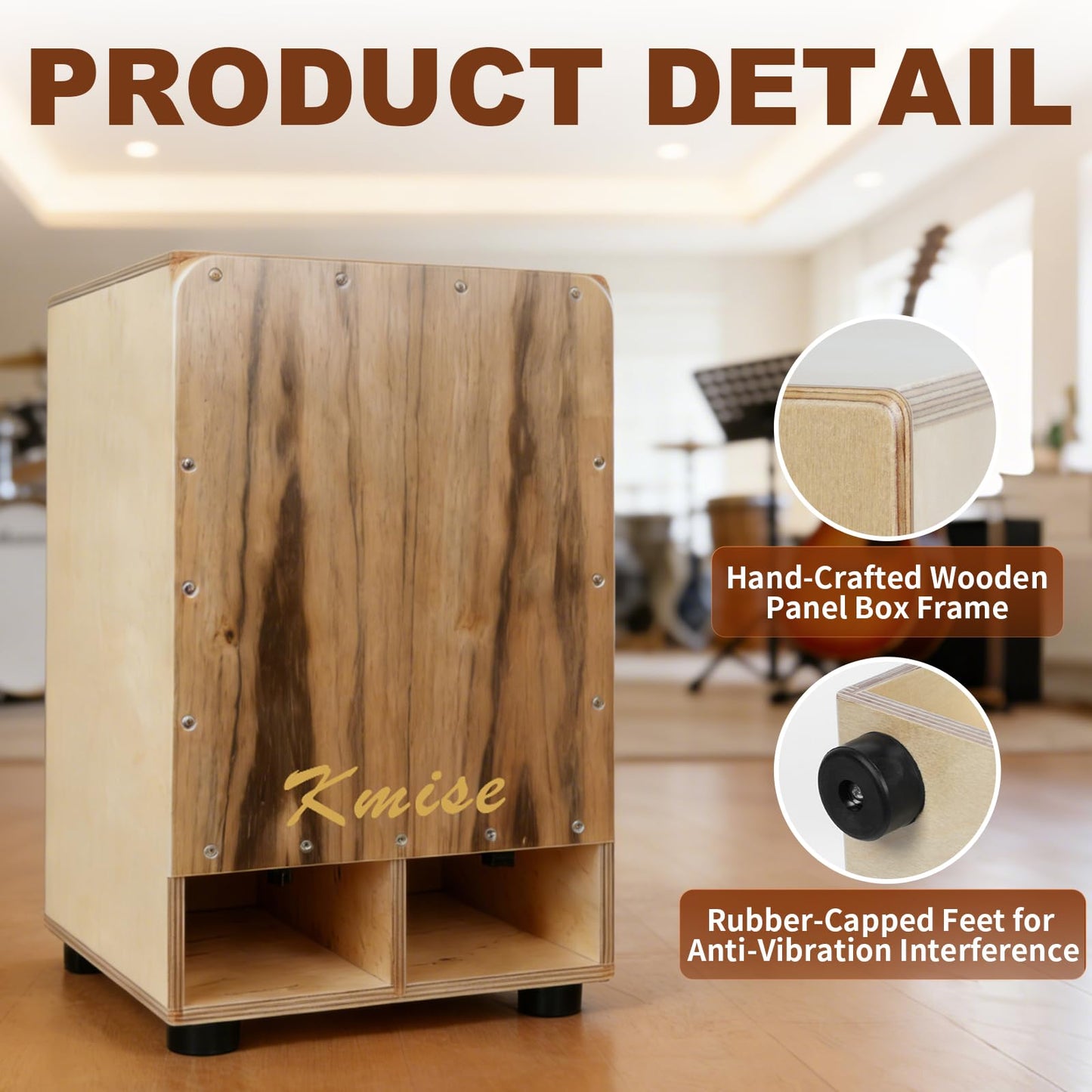 Kmise Portable Cajon Drum Box, 11.8×12.2×19.6" Adjustable Snare Cajons Drums, Solid Ebony & Birch Wood, Percussion Instrument Gift for Adults Kids, With Carry Bag,for Home Live Performance Practice