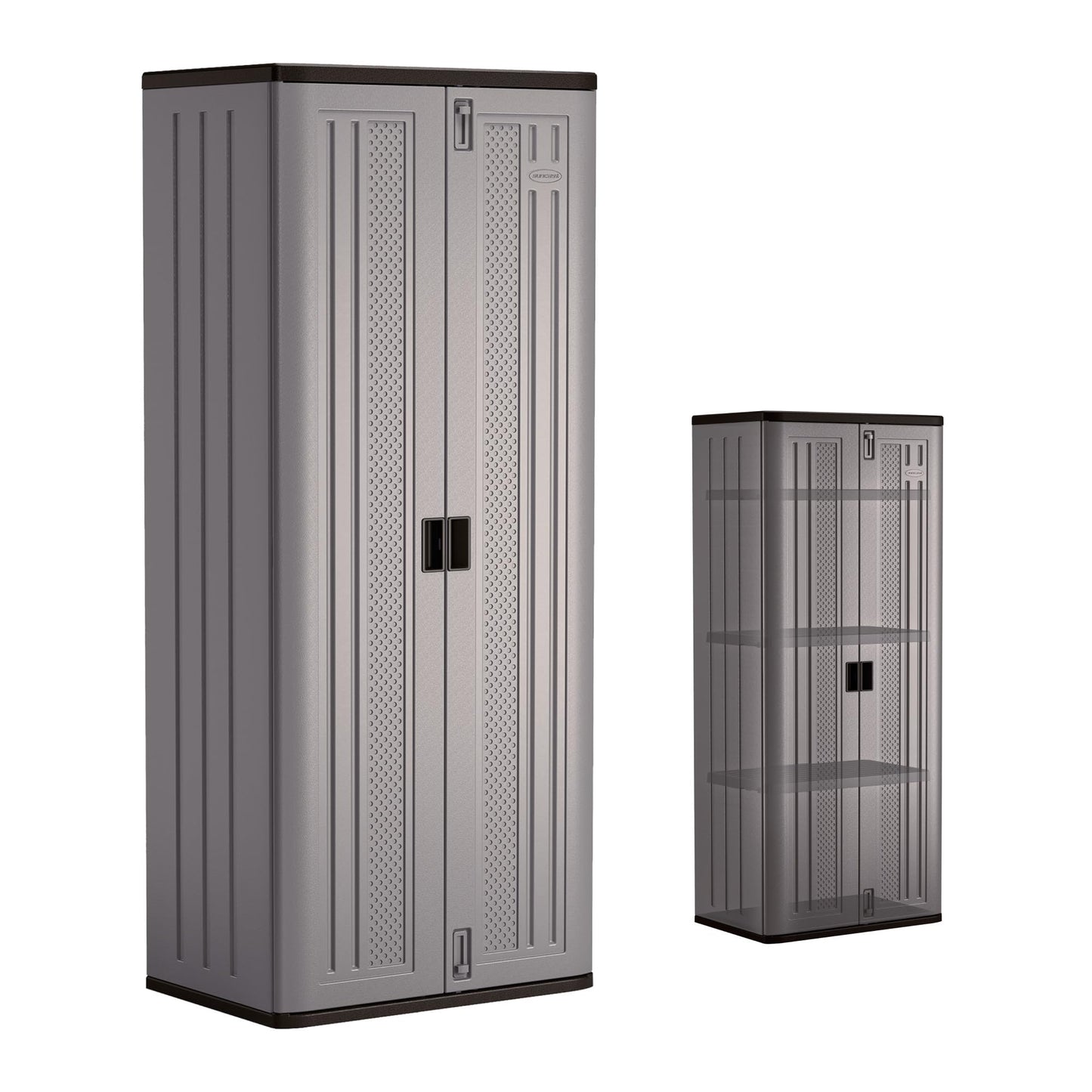 Suncast Tall Storage Cabinet for Garage Organization - 72" Freestanding Utility Closet with Shelving for Garden Supplies, Paint Cans & Outdoor Tools, Multi-Wall Resin Construction, Platinum