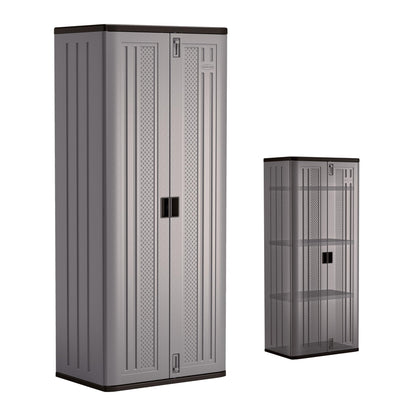 Suncast Tall Storage Cabinet for Garage Organization - 72" Freestanding Utility Closet with Shelving for Garden Supplies, Paint Cans & Outdoor Tools, Multi-Wall Resin Construction, Platinum