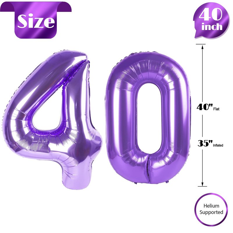 Purple Number 40 Balloon 40 inch, 40 Number Balloons, 40th Purple Birthday Decorations, 40 Year Old Girls Boys Party Supplies