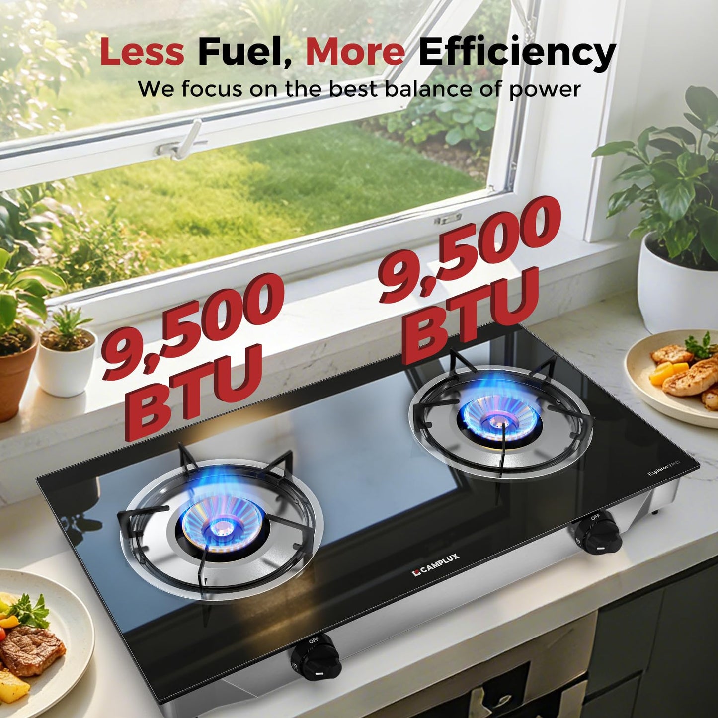 CAMPLUX 2 Burner Propane Stove, LPG Tempered Glass Auto Ignition Double Burner Portable Gas Stove Top, 19,000 BTU Propane Cooktop for Camping, CSA Regulator & Hose Included, estufa de gas portatil